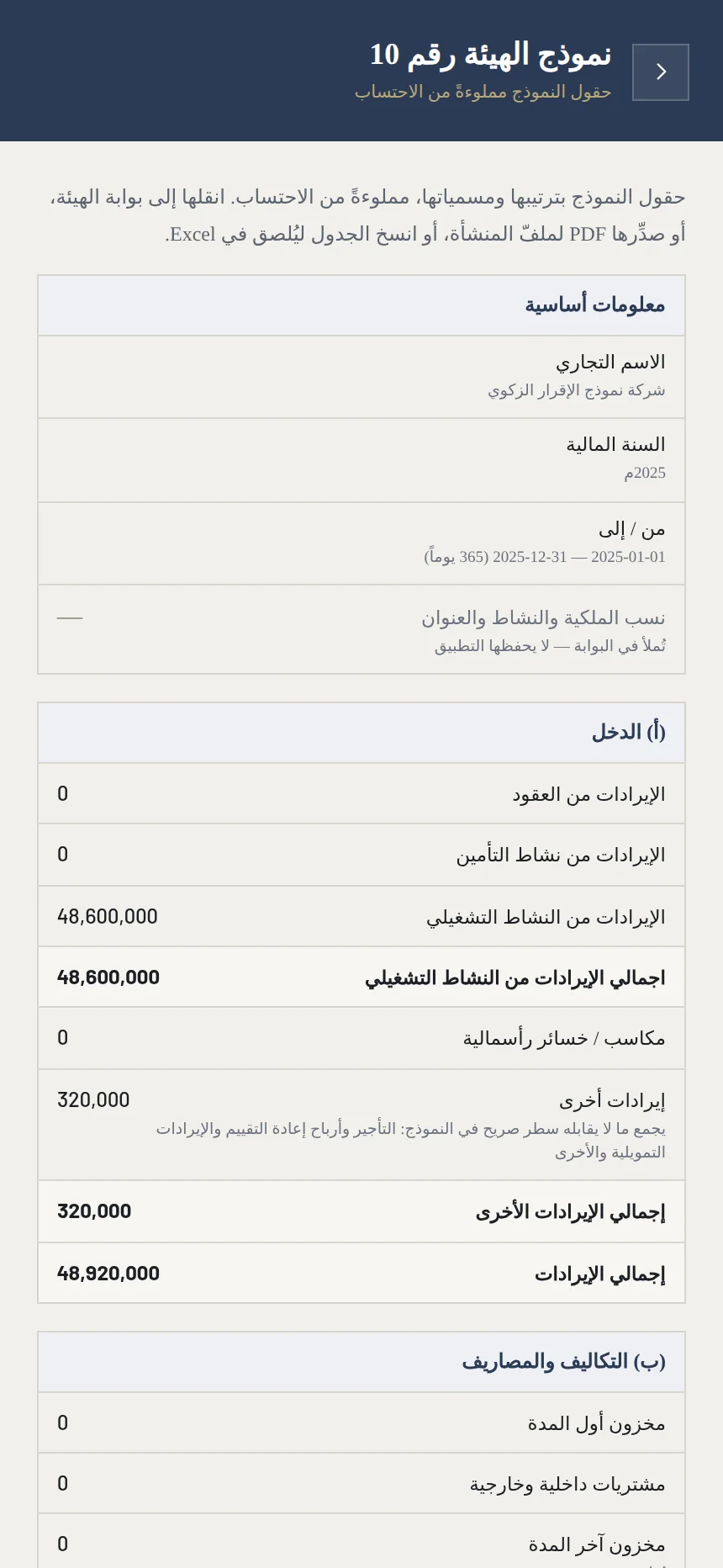 نموذجُ الهيئة رقم 10 بحقوله مملوءةً من الاحتساب.