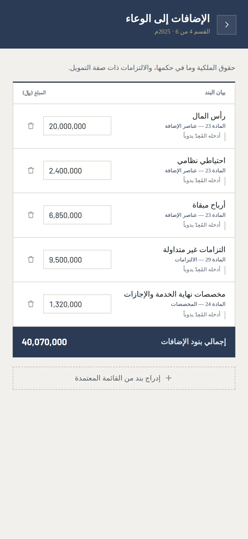 قسمُ الإضافات إلى الوعاء: بنودٌ بمبالغها، وتحت كلِّ بندٍ مادّتُه في اللائحة ومصدرُ رقمه.